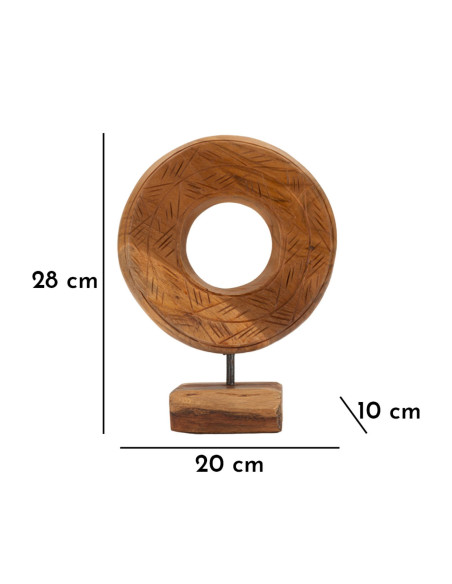 Sculpture artisanale etnique sur pied Cercle Hauteur 28 cm en Bois de teck recyclé Marron Dorat 