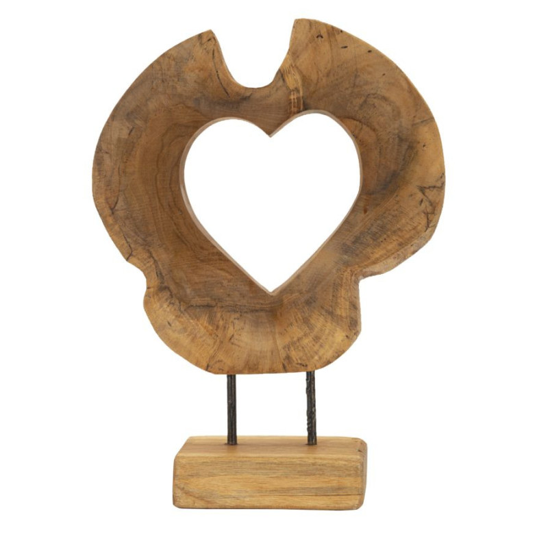 Grande Sculpture artisanale sur pied Coeur Hauteur 38 cm en Bois de teck recyclé Marron Hasi 