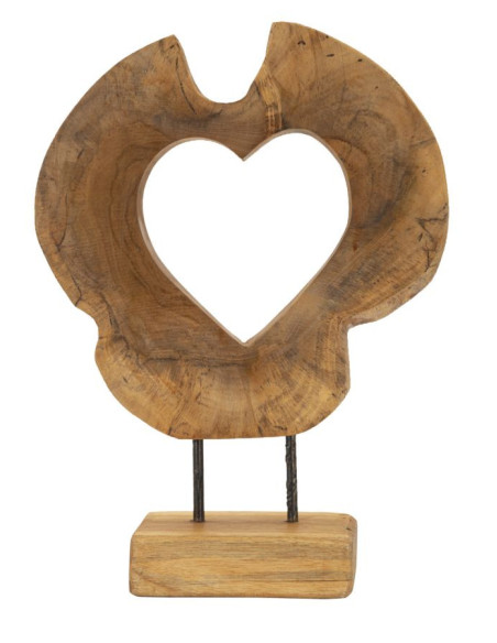 Grande Sculpture artisanale sur pied Coeur Hauteur 38 cm en Bois de teck recyclé Marron Hasi 