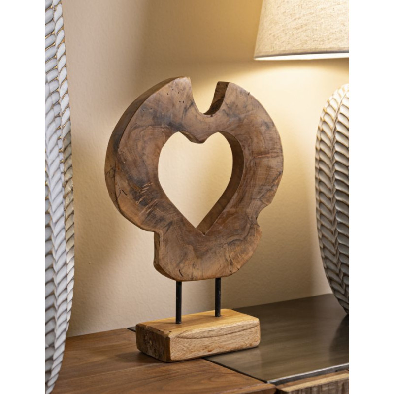 Grande Sculpture artisanale sur pied Coeur Hauteur 38 cm en Bois de teck recyclé Marron Hasi 