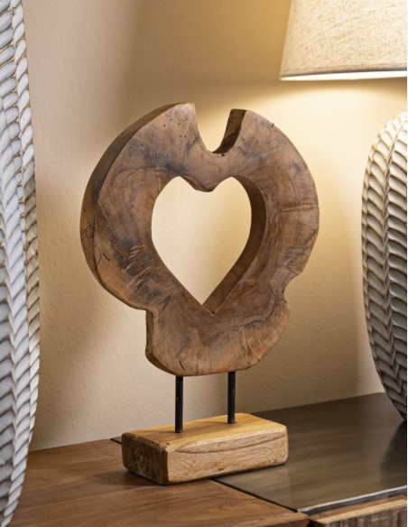 Grande Sculpture artisanale sur pied Coeur Hauteur 38 cm en Bois de teck recyclé Marron Hasi 