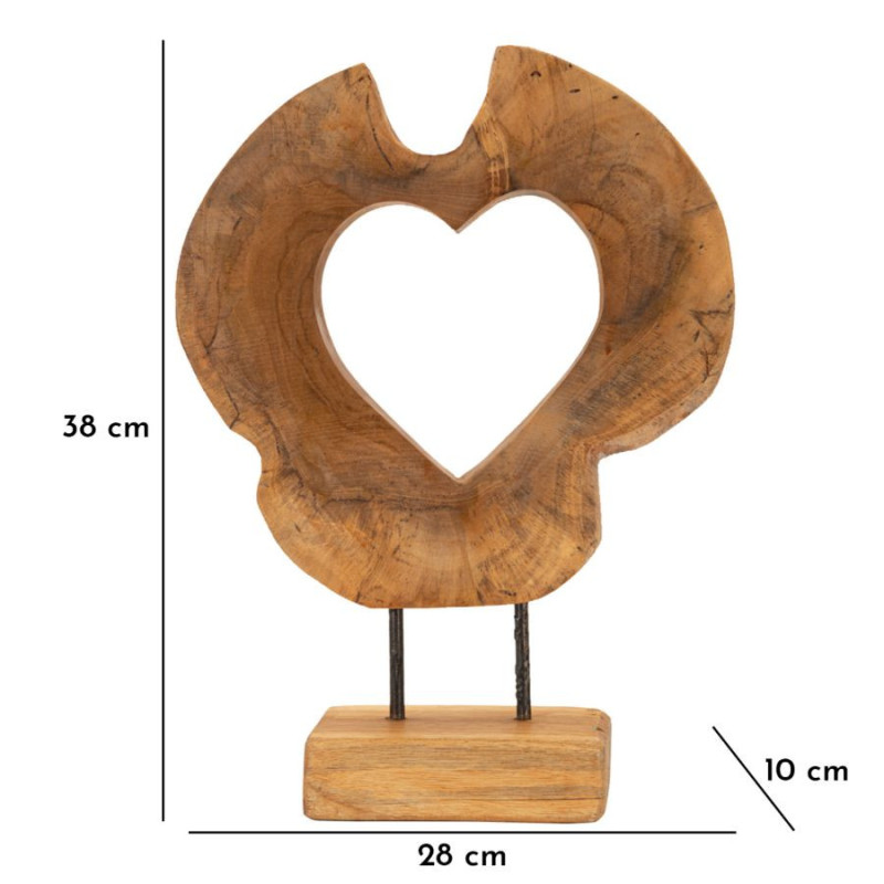 Grande Sculpture artisanale sur pied Coeur Hauteur 38 cm en Bois de teck recyclé Marron Hasi 
