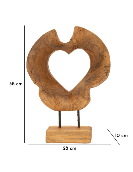 Grande Sculpture artisanale sur pied Coeur Hauteur 38 cm en Bois de teck recyclé Marron Hasi 