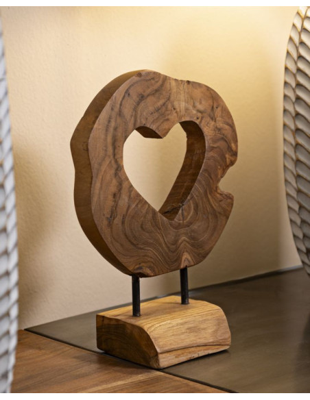 Sculpture artisanale sur pied Coeur Hauteur 28 cm en Bois de teck recyclé Marron Hasi 