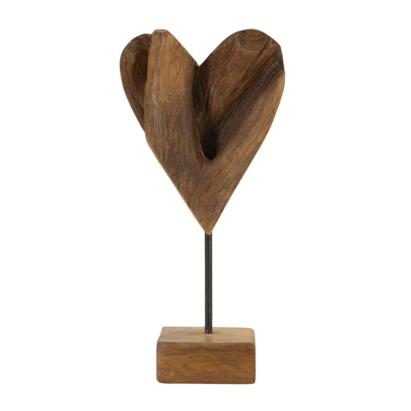 Sculpture artisanale sur pied Coeur Hauteur 35 cm en Bois de teck recyclé Marron Cuore 
