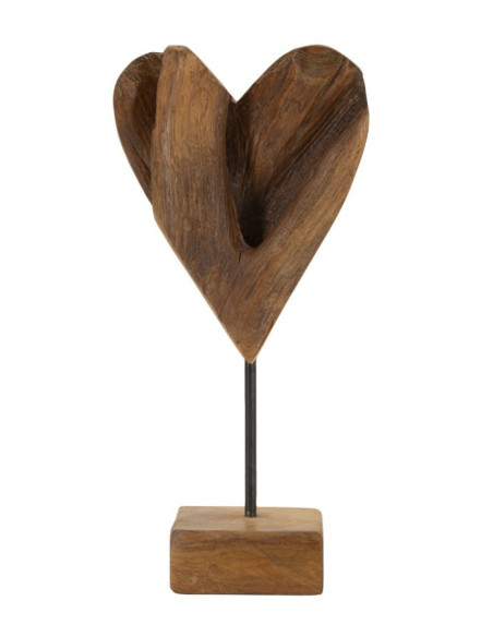 Sculpture artisanale sur pied Coeur Hauteur 35 cm en Bois de teck recyclé Marron Cuore 