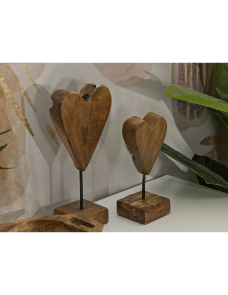 Sculpture artisanale sur pied Coeur Hauteur 35 cm en Bois de teck recyclé Marron Cuore 