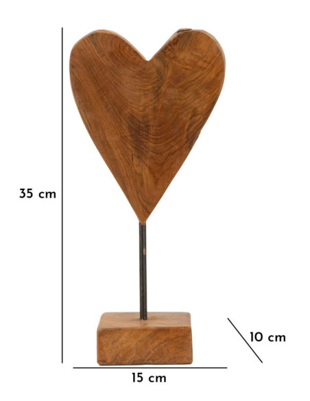 Sculpture artisanale sur pied Coeur Hauteur 35 cm en Bois de teck recyclé Marron Cuore 