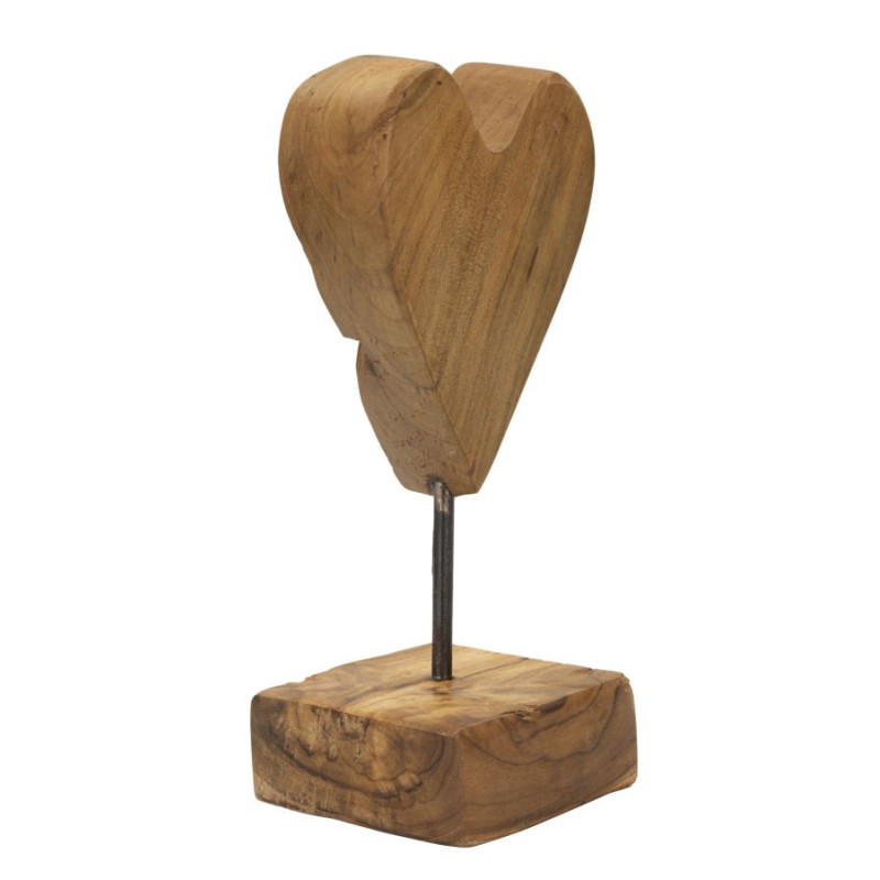 Sculpture artisanale sur pied Coeur Hauteur 25 cm en Bois de teck recyclé Marron Cuore 