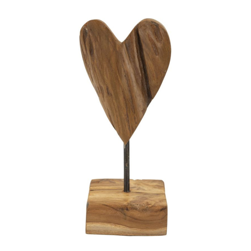 Sculpture artisanale sur pied Coeur Hauteur 25 cm en Bois de teck recyclé Marron Cuore 