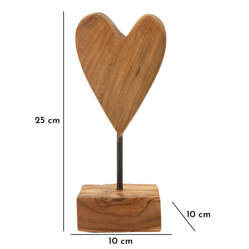 Sculpture artisanale sur pied Coeur Hauteur 25 cm en Bois de teck recyclé Marron Cuore 