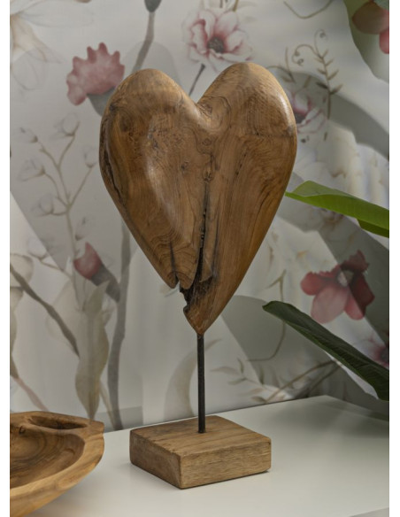 Grande Sculpture artisanale sur pied Coeur Hauteur 45 cm en Bois de teck recyclé Marron Dobu 