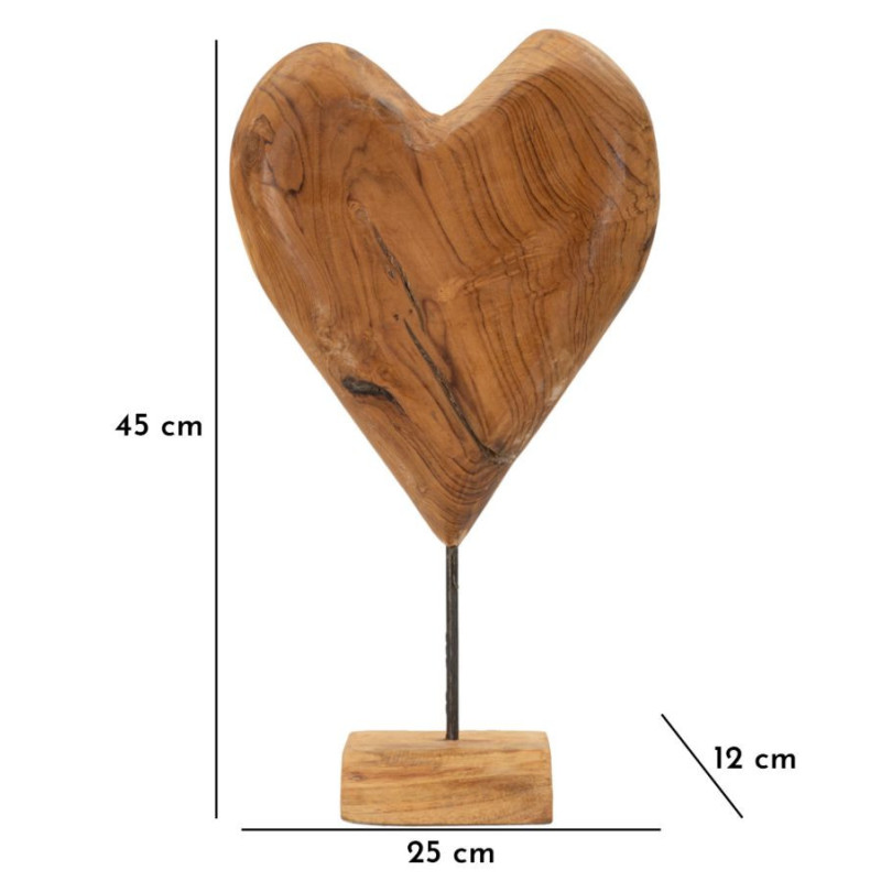 Grande Sculpture artisanale sur pied Coeur Hauteur 45 cm en Bois de teck recyclé Marron Dobu 