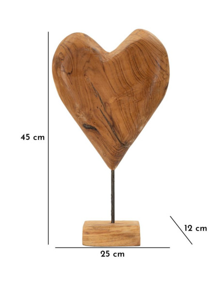Grande Sculpture artisanale sur pied Coeur Hauteur 45 cm en Bois de teck recyclé Marron Dobu 