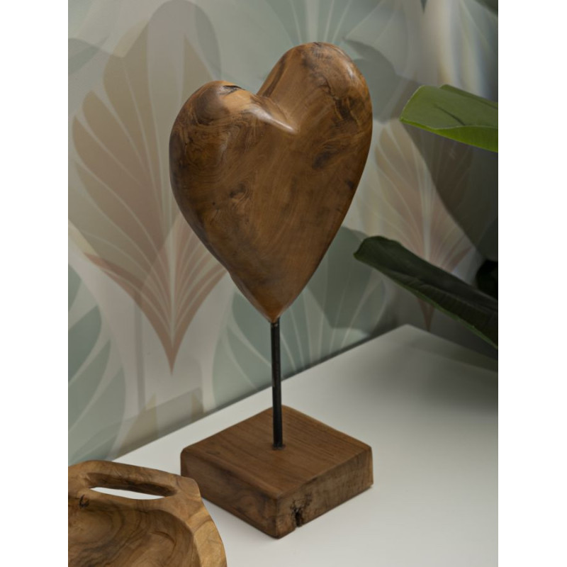 Sculpture artisanale sur pied Coeur Hauteur 37 cm en Bois de teck recyclé Marron Dobu 