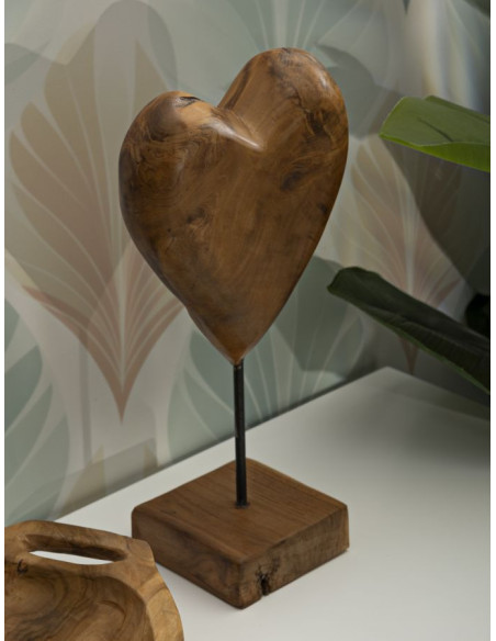 Sculpture artisanale sur pied Coeur Hauteur 37 cm en Bois de teck recyclé Marron Dobu 