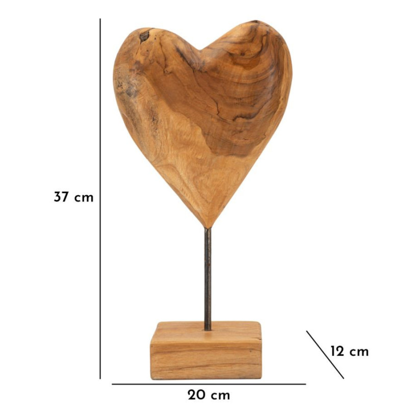 Sculpture artisanale sur pied Coeur Hauteur 37 cm en Bois de teck recyclé Marron Dobu 