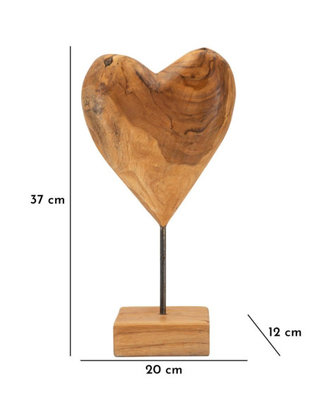 Sculpture artisanale sur pied Coeur Hauteur 37 cm en Bois de teck recyclé Marron Dobu 