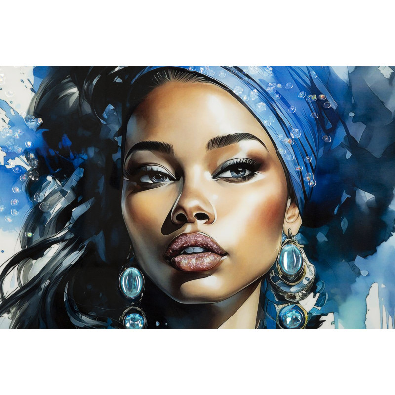 Toile murale peinte carrée Femme africaine 82x82 Cadre noir Altea A 