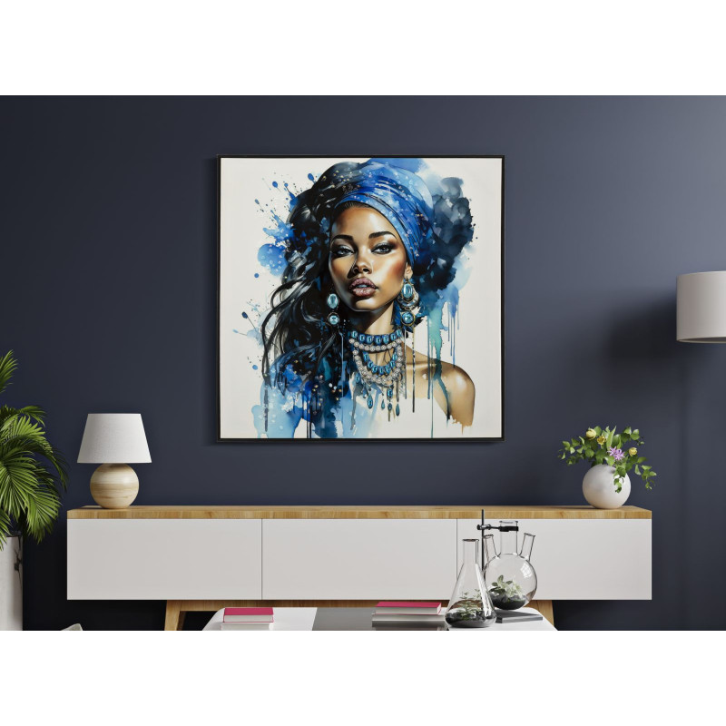 Toile murale peinte carrée Femme africaine 82x82 Cadre noir Altea A 
