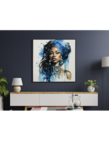 Toile murale peinte carrée Femme africaine 82x82 Cadre noir Altea A 