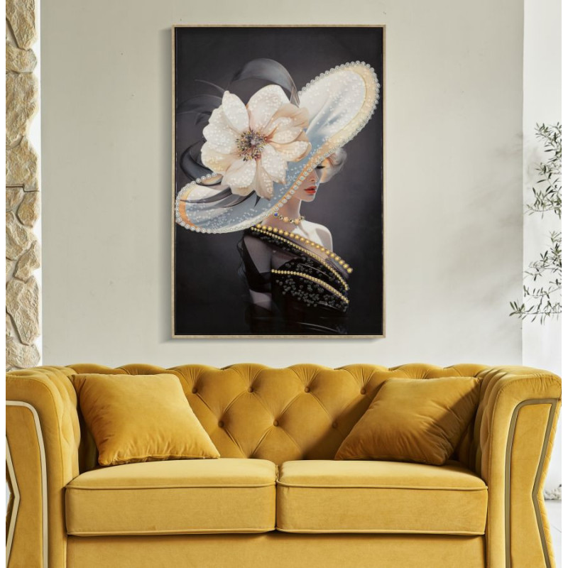 Toile murale peinte Femme avec chapeau 62x92 Cadre doré Wien A 