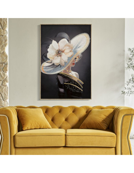 Toile murale peinte Femme avec chapeau 62x92 Cadre doré Wien A 