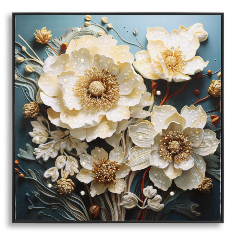 Toile murale peinte carrée Bouquet de fleurs 82x82 Cadre noir Narcy B 