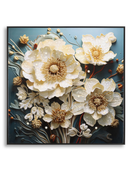 Toile murale peinte carrée Bouquet de fleurs 82x82 Cadre noir Narcy B 