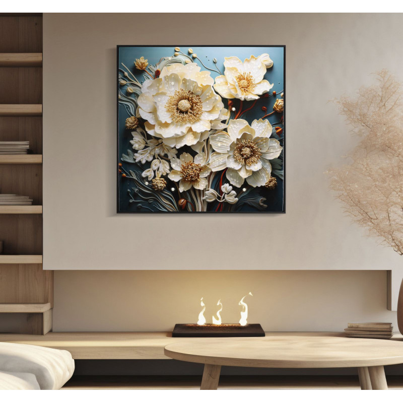 Toile murale peinte carrée Bouquet de fleurs 82x82 Cadre noir Narcy B 