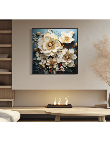 Toile murale peinte carrée Bouquet de fleurs 82x82 Cadre noir Narcy B 