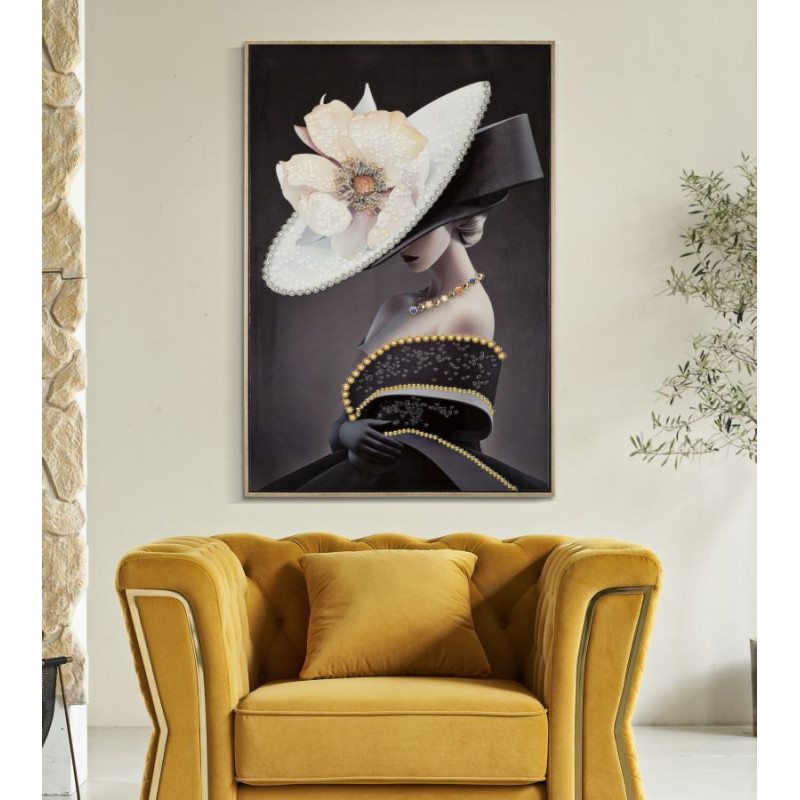 Toile murale peinte Femme avec chapeau 62x92 Cadre doré Wien B 