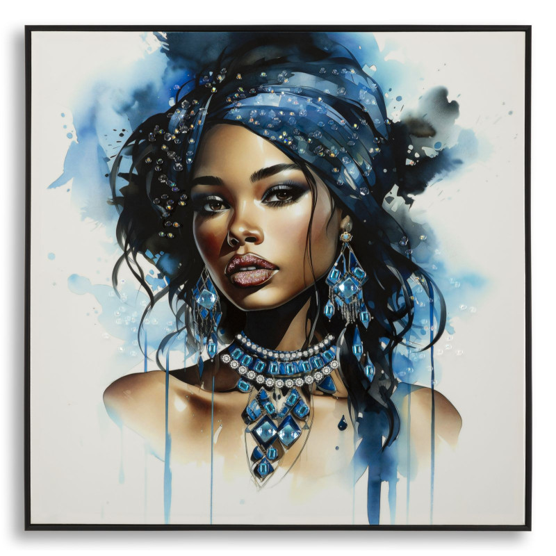 Toile murale peinte carrée Femme africaine 82x82 Cadre noir Altea B 