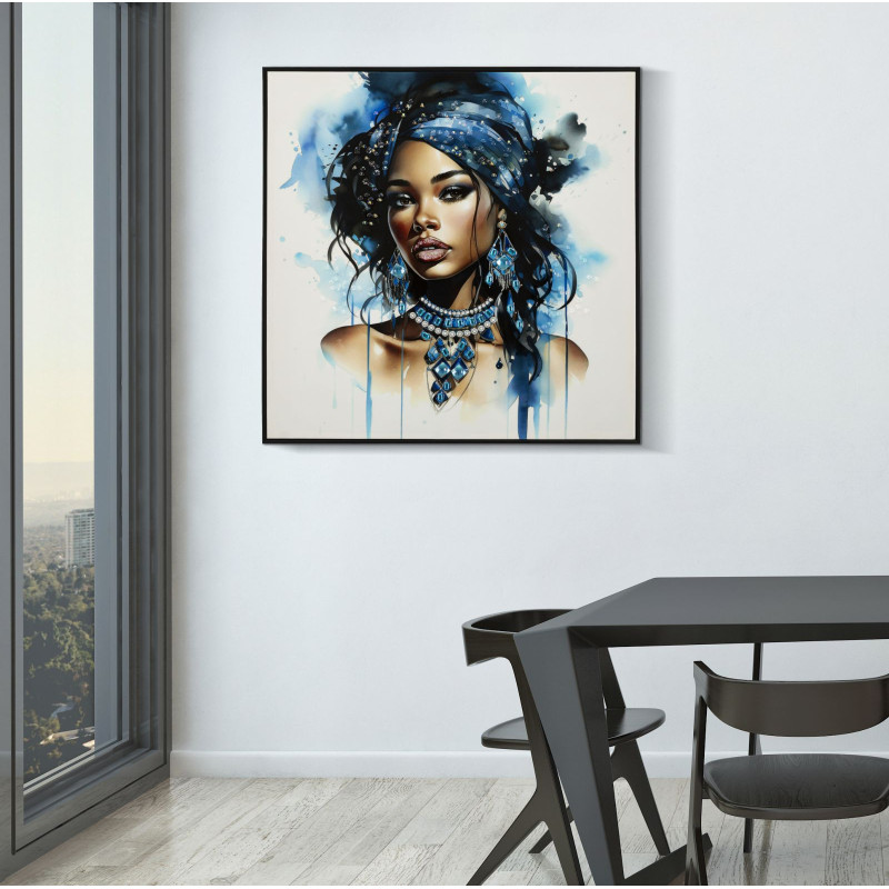 Toile murale peinte carrée Femme africaine 82x82 Cadre noir Altea B 