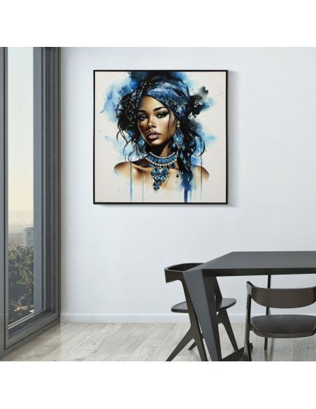 Toile murale peinte carrée Femme africaine 82x82 Cadre noir Altea B 