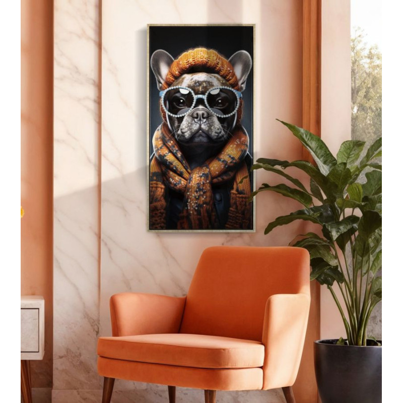 Toile murale peinte Chien anthropomorphe 42x82 Cadre doré Bad Bully A 