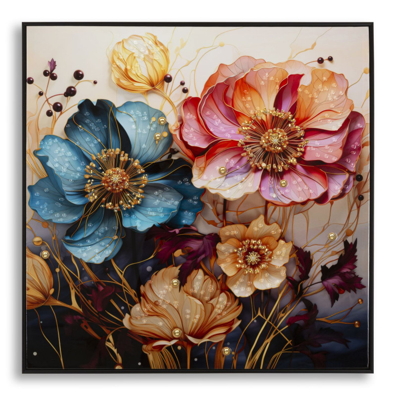 Toile murale peinte carrée Bouquet de fleurs 82x82 Cadre noir Narcy A 