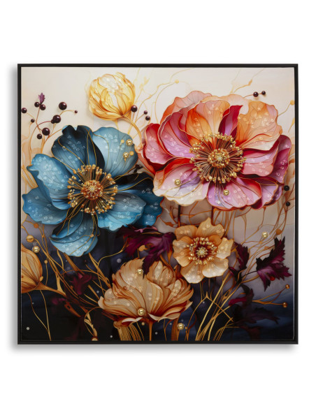 Toile murale peinte carrée Bouquet de fleurs 82x82 Cadre noir Narcy A 