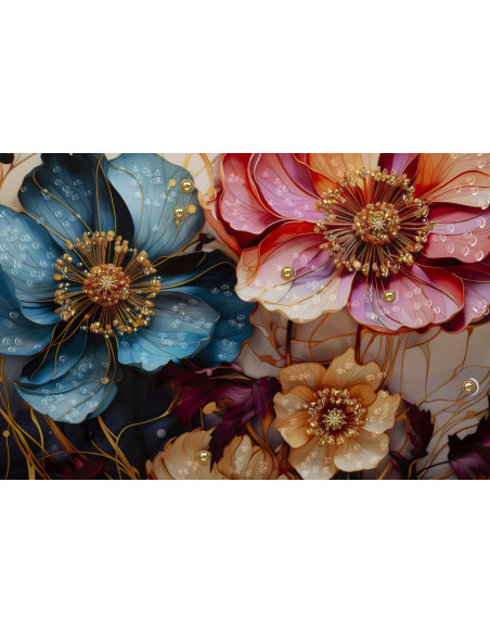 Toile murale peinte carrée Bouquet de fleurs 82x82 Cadre noir Narcy A 