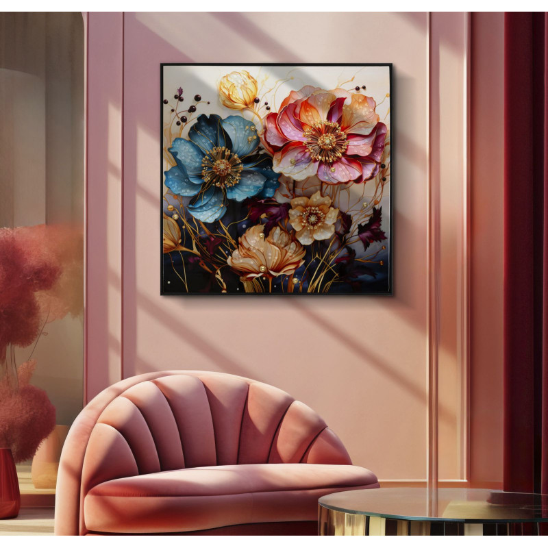 Toile murale peinte carrée Bouquet de fleurs 82x82 Cadre noir Narcy A 