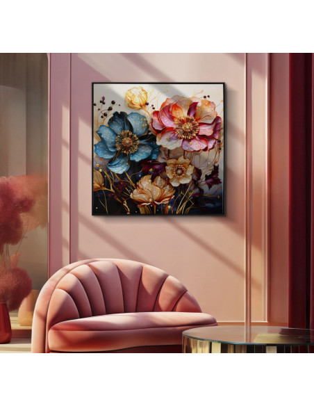 Toile murale peinte carrée Bouquet de fleurs 82x82 Cadre noir Narcy A 