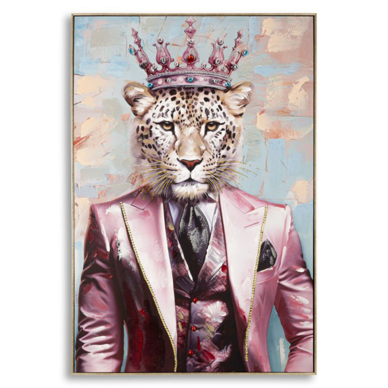 Grande Toile murale peinte Léopard anthropomorphe 82x122 Cadre doré King 