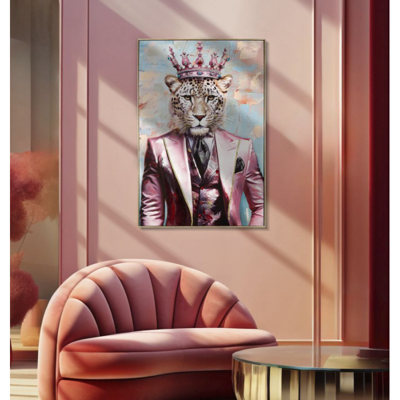 Grande Toile murale peinte Léopard anthropomorphe 82x122 Cadre doré King 