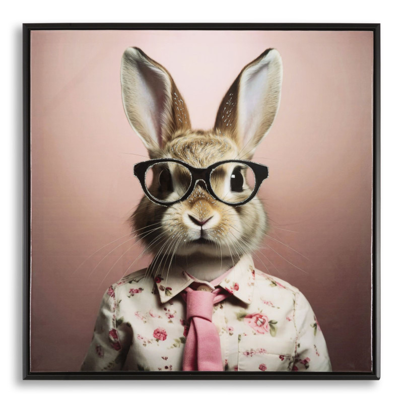 Toile murale peinte carrée Lapin anthropomorphe 62x62 Cadre noir Bunny 