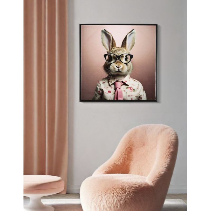 Toile murale peinte carrée Lapin anthropomorphe 62x62 Cadre noir Bunny 
