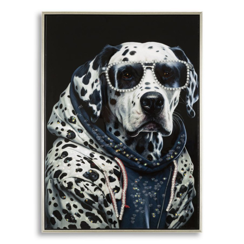 Toile murale peinte Chien anthropomorphe 53x73 Cadre argenté Trap 