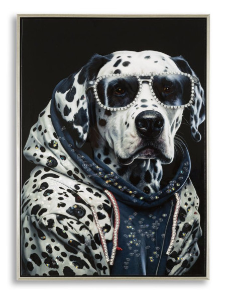 Toile murale peinte Chien anthropomorphe 53x73 Cadre argenté Trap 