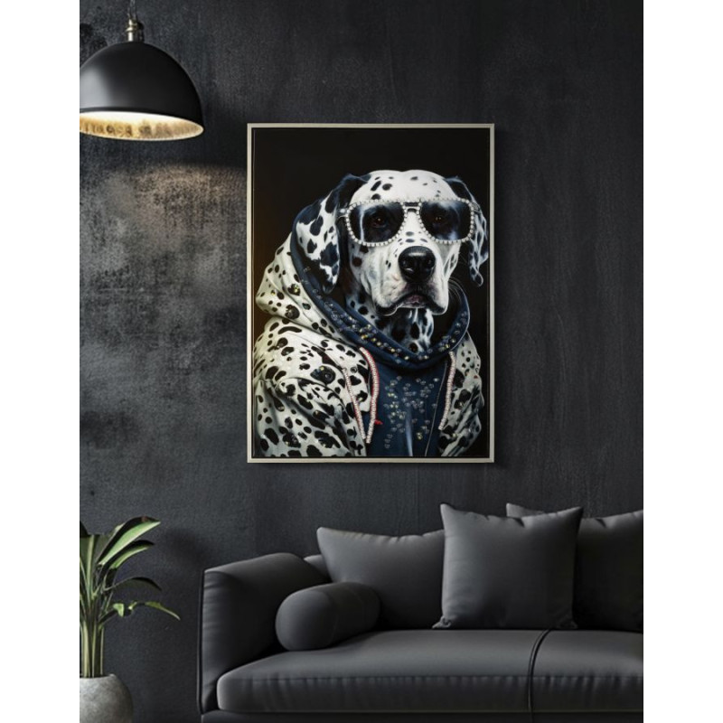 Toile murale peinte Chien anthropomorphe 53x73 Cadre argenté Trap 