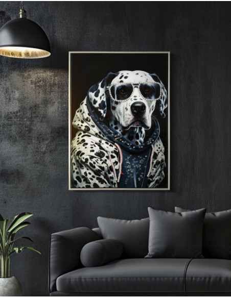 Toile murale peinte Chien anthropomorphe 53x73 Cadre argenté Trap 