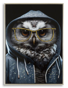 Toile murale peinte Chouette anthropomorphe 53x73 Cadre argenté Edvy 